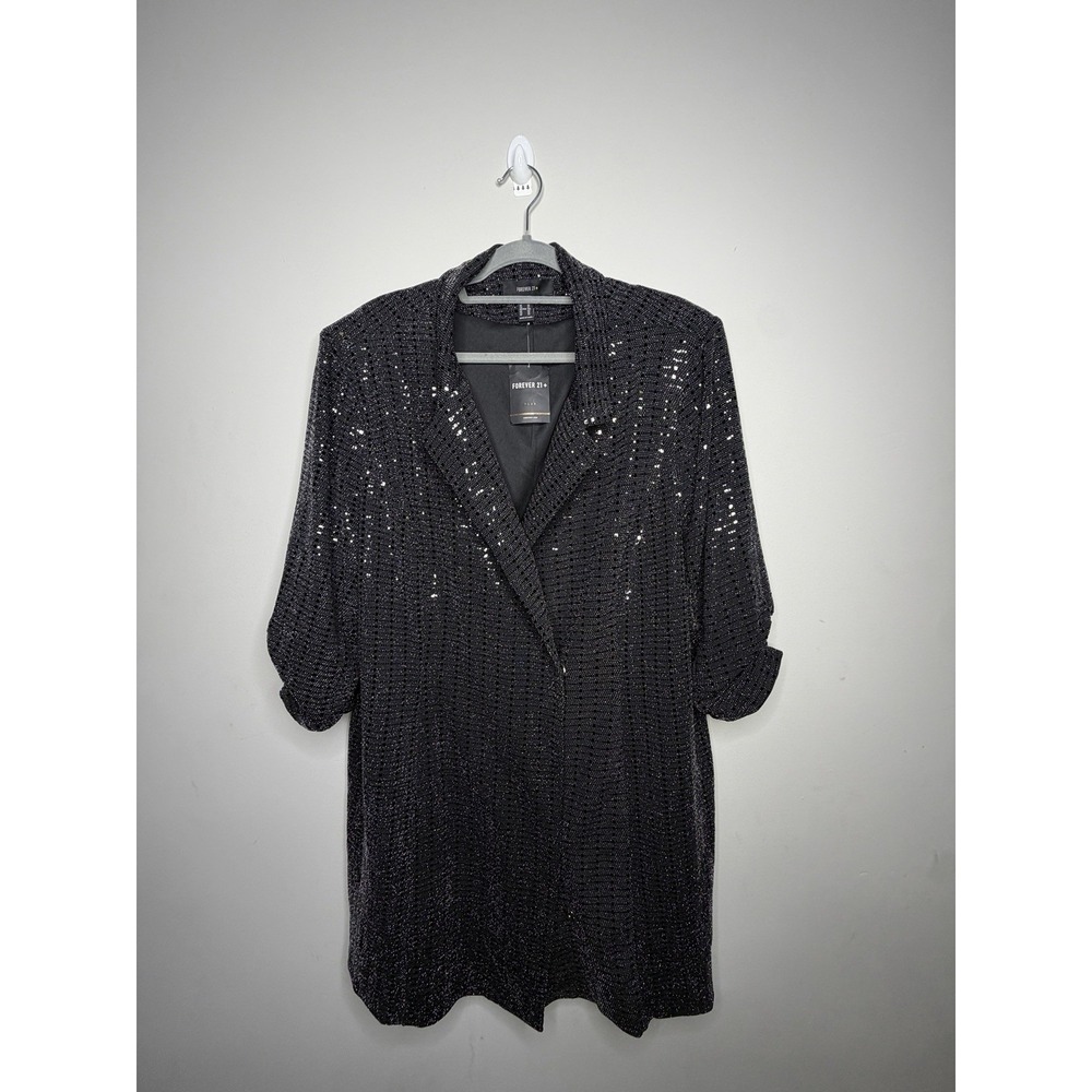 Forever 21 Double Breasted Collared 3/4 Sleeve Sequin Jacket Black Size 3XL Plus